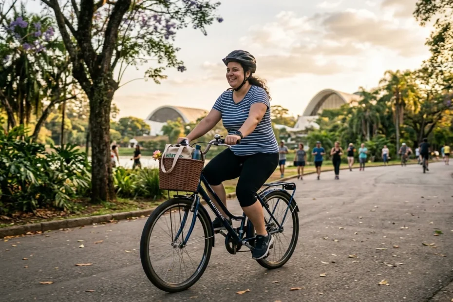 mulher no parque pedalando para perder peso