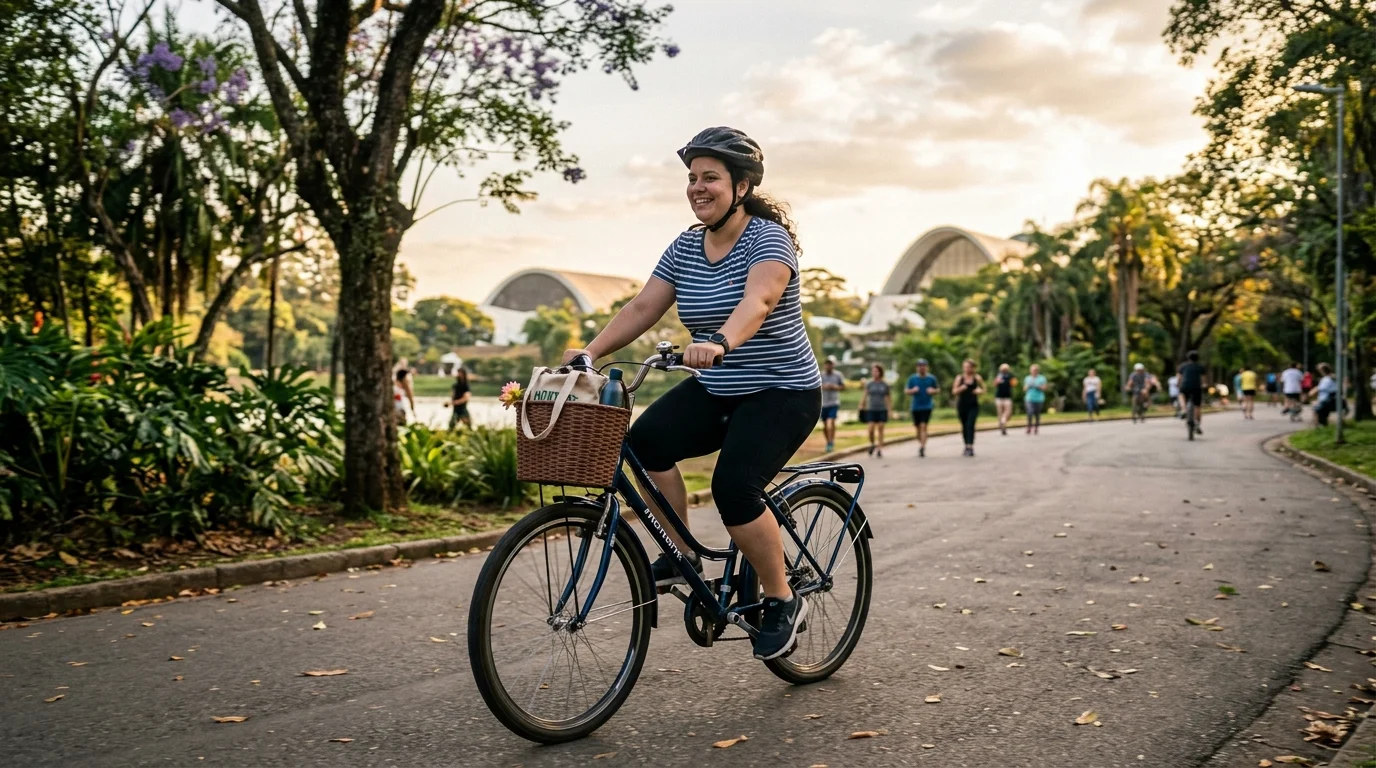 mulher no parque pedalando para perder peso