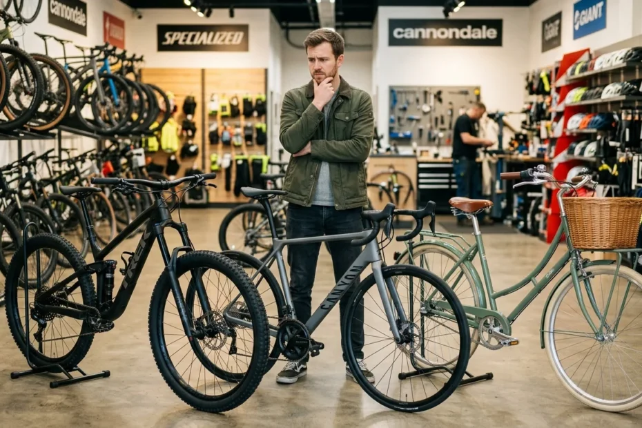 Homem em dúvida da bicicleta que vai comprar
