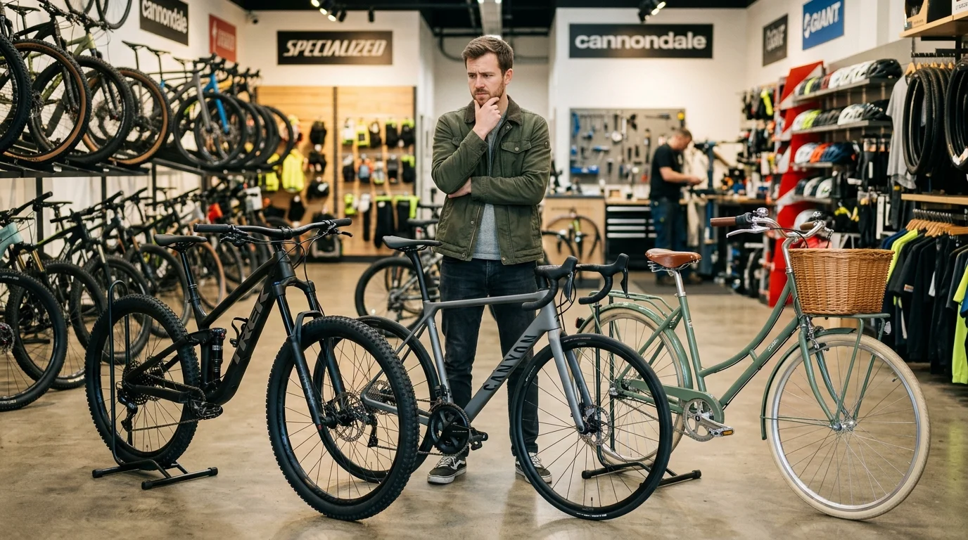 Homem em dúvida da bicicleta que vai comprar