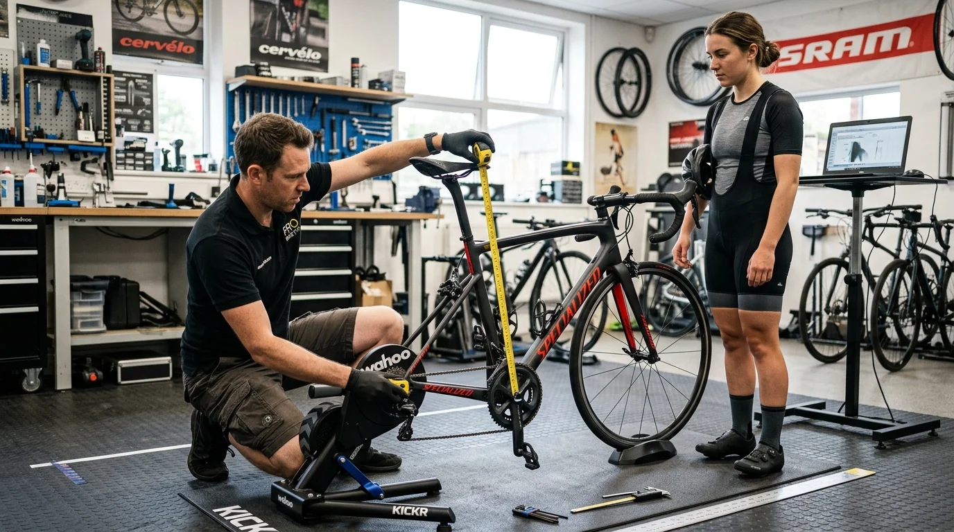 profissional realizando ajuste de selim durante sessão de bike fit