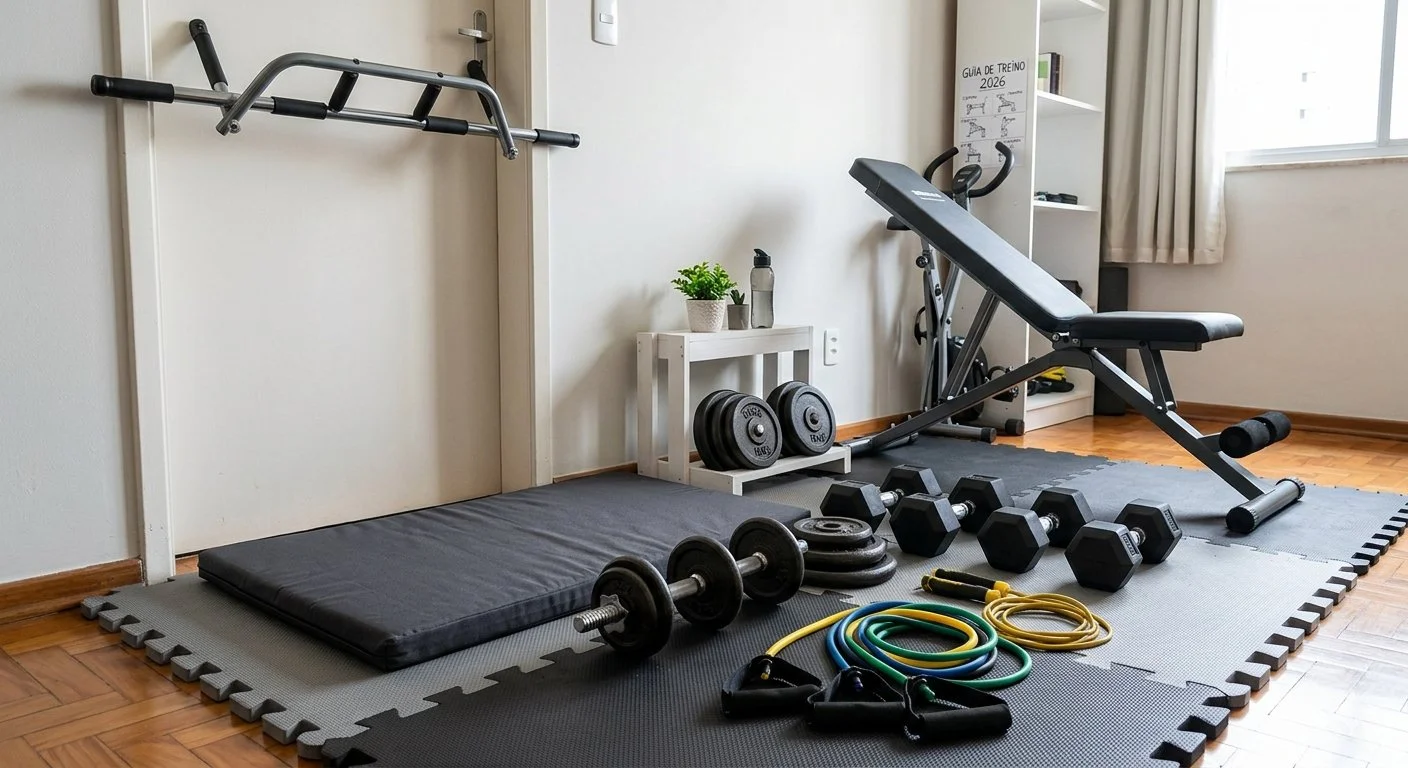 Equipamentos de academia para ter em casa: halteres, elásticos, colchonete e banco ajustável