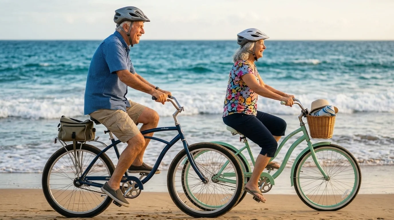 casal de idosos andando de bicicleta na praia
