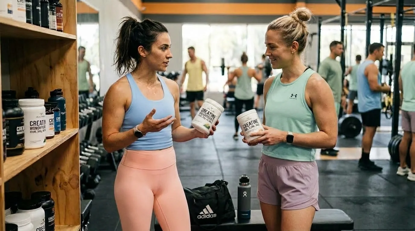 duas mulheres em uma academia conversando sobre creatina