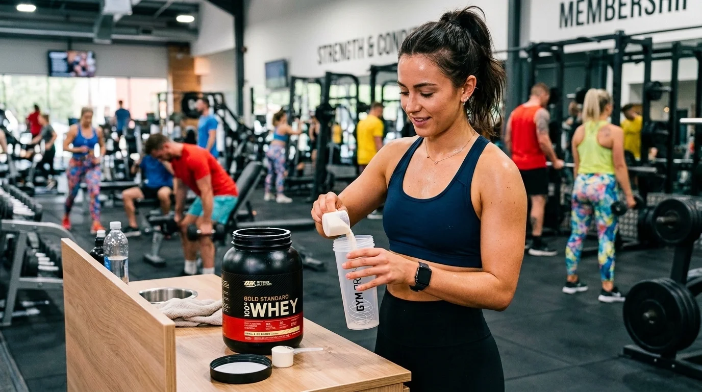 mulher em academia usando whey protein