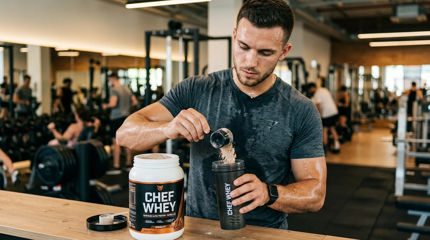homem em academia preparando seu chef whey