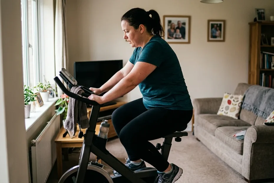 mulher em casa queimando calorias na bicicleta ergométrica em 30 minutos