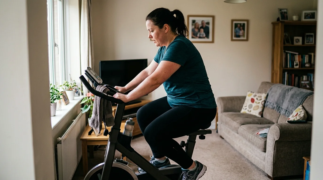 mulher em casa queimando calorias na bicicleta ergométrica em 30 minutos