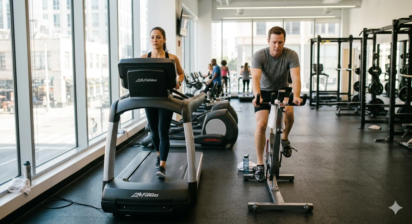 Esteira ou bicicleta para emagrecer: dois alunos treinando cardio lado a lado na academia