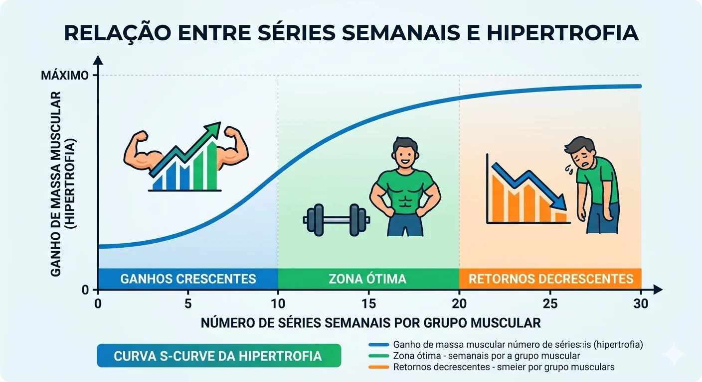 Gráfico da relação entre séries semanais e hipertrofia, com ganho crescente e retorno decrescente