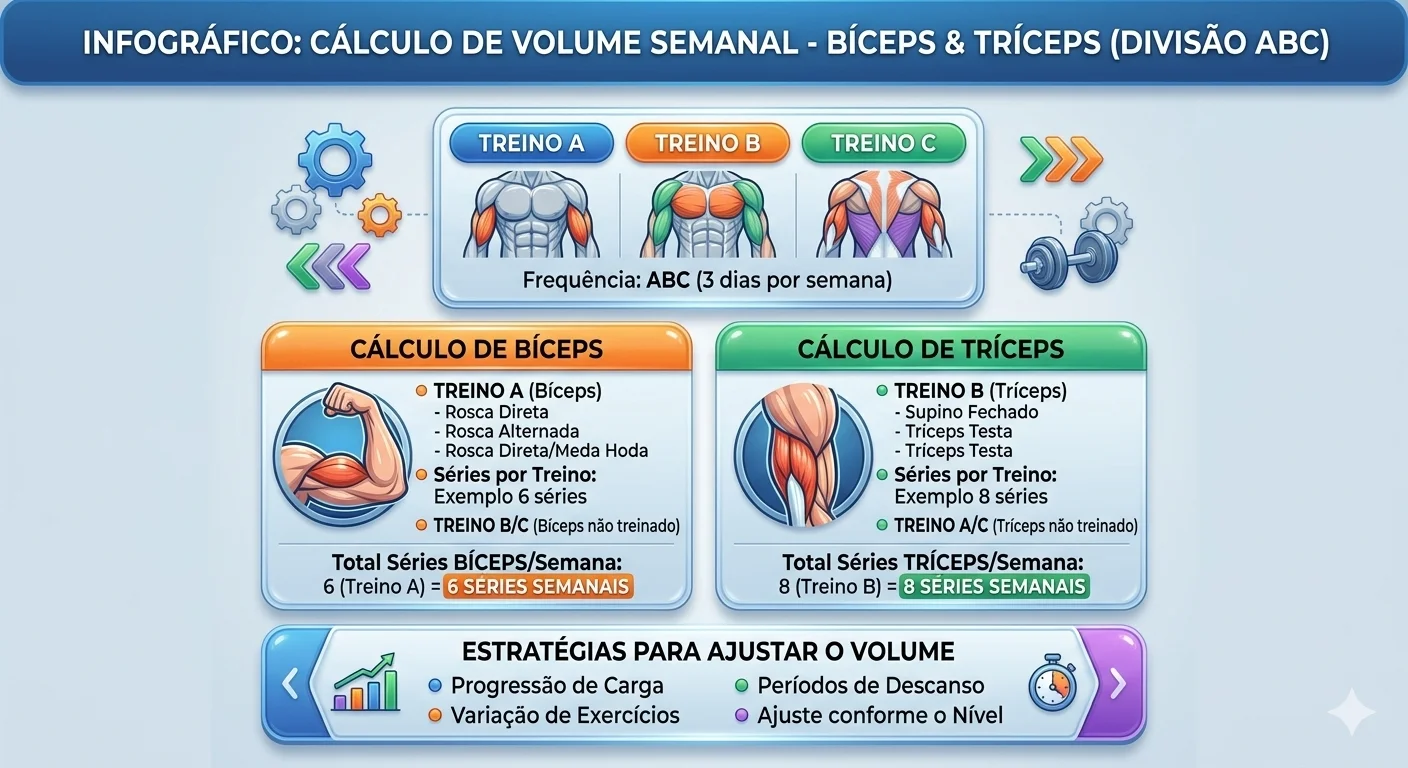 Infográfico com o cálculo do volume semanal de bíceps e tríceps em uma divisão ABC
